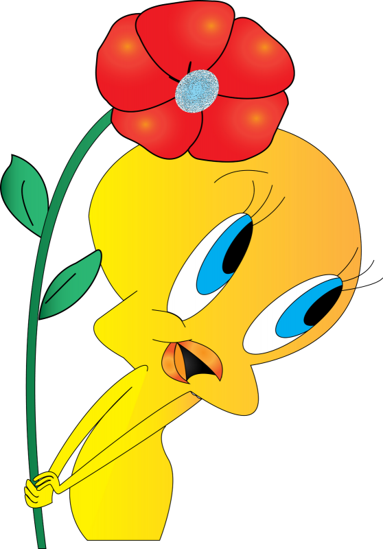 Tweety Bird 手持紅花 壁紙 — 一隻黃色卡通鳥，有大藍眼睛，在黑色背景上拿著一朵中心閃閃發光的紅花。