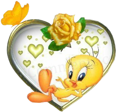 Tweety Bird心形框圖 壁紙 — 一隻快樂的黃色卡通鳥坐在心形框架內，框架飾有玫瑰、蝴蝶和金色心形。