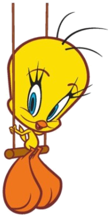 Tweety Bird 挂在枝頭拿包插畫 壁紙 — 一隻藍眼睛的黃色卡通鳥倒掛在繩子上，拿著一個橙色袋子。