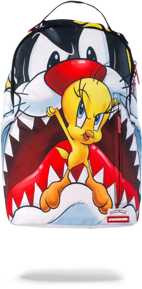Tweety Bird彩色背包設計 壁紙 — 一個卡通背包，Tweety Bird 挑釁地站在一個大鯊魚嘴設計前面。