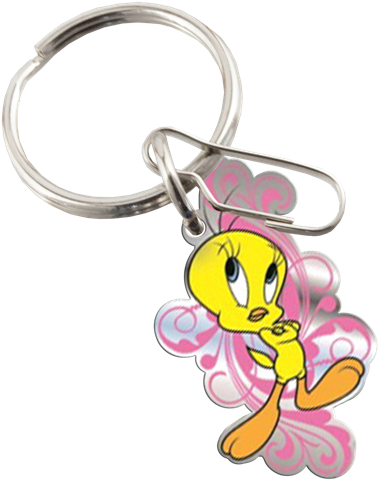 Tweety Bird 鑰匙圈配件 壁紙 — 黑色背景上，銀色鑰匙圈掛著一隻黃色卡通鳥，帶有粉紅色漩渦翅膀。