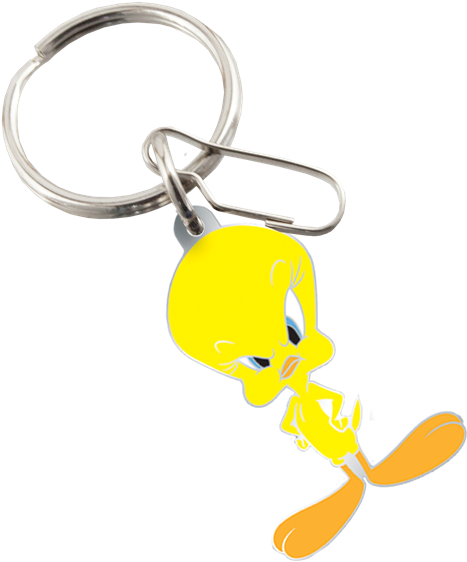 Tweety Bird 鑰匙圈設計 壁紙 — 一個鮮黃色的Tweety Bird鎖匙扣，有橙色腳和銀色金屬環，背景為黑色。
