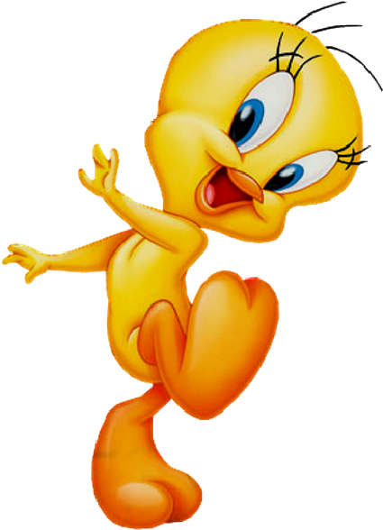 Tweety Bird 站姿 壁紙 — 一隻快樂的黃色卡通鳥，藍眼睛和紅色的喙，在黑色背景上歡快地跳舞。