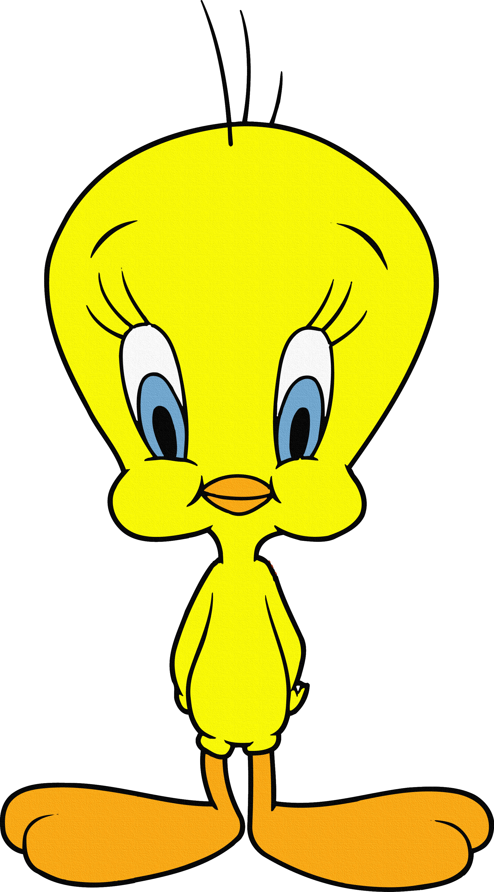 Tweety Bird 站姿 壁紙 — 一隻明亮的黃色卡通鳥，有大藍眼睛和橙色腳，站在純白色背景前。