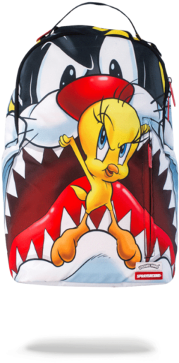 Tweety Bird 紅帽背包設計 壁紙 — 一個卡通背包，Tweety Bird自信地站在鯊魚牙齒上，Sylvester the Cat在後面潛伏。