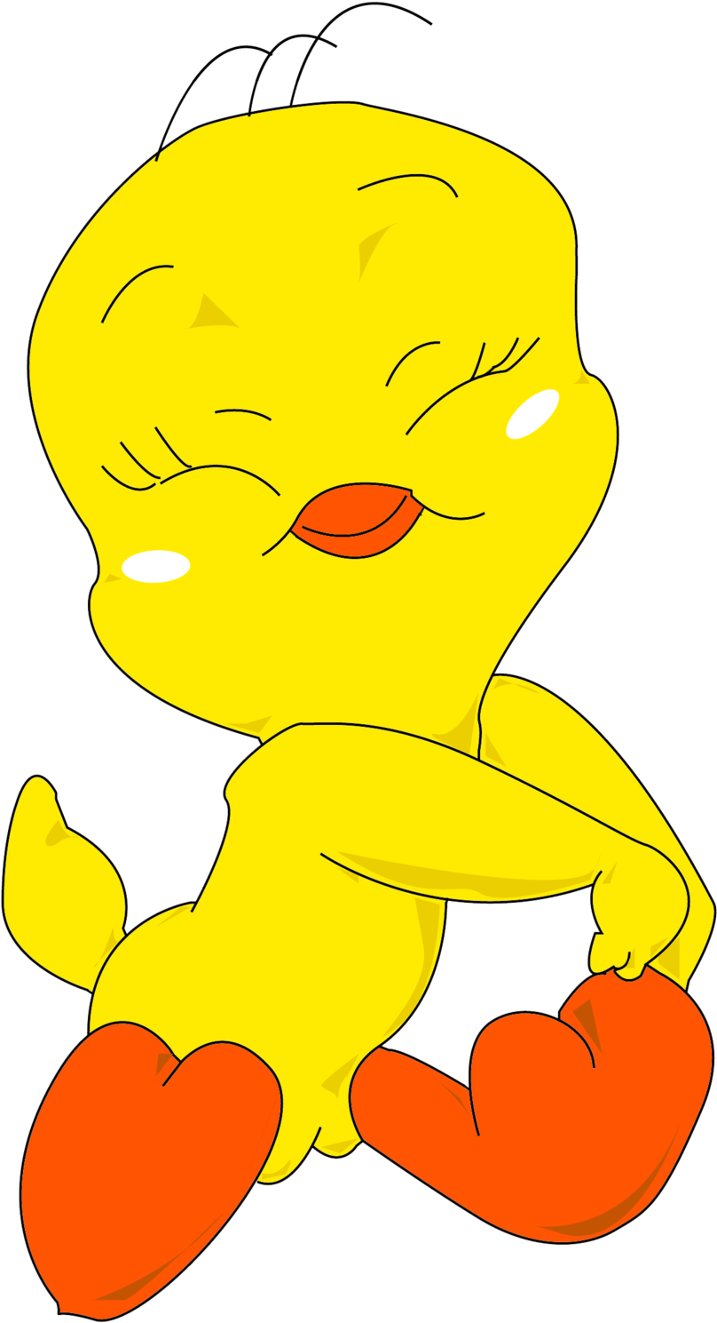 開心的Tweety Bird插畫 壁紙 — 一隻快樂的黃色卡通小雞，閉著眼睛，腳呈心形，在黑色背景上開心地坐著。