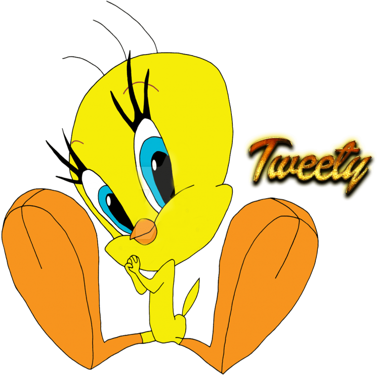 Tweety Bird經典坐姿 壁紙 — 一隻卡通黃色小鳥，藍色眼睛和橙色腳，彎腰坐著，帶著頑皮的表情，背景為黑色。