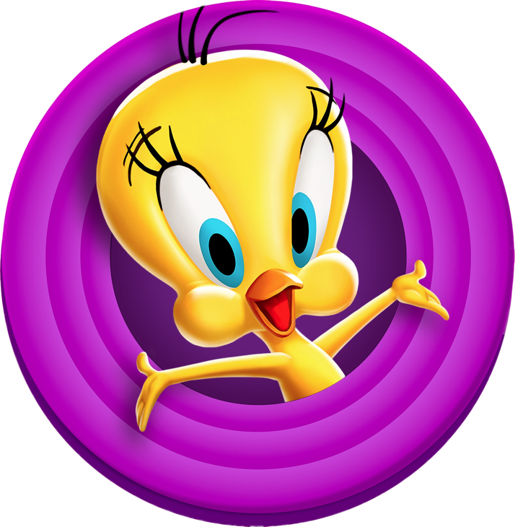 Tweety Bird 開心姿態 壁紙 — 一隻快樂的黃色卡通鳥，有藍色眼睛和黑色睫毛，在充滿活力的紫色螺旋背景前開心地擺姿勢。