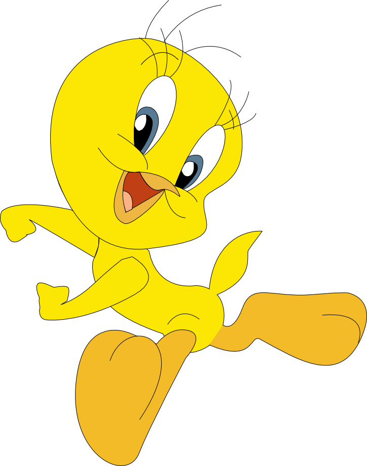 開心的Tweety Bird卡通 壁紙 — 一隻亮黃色的卡通小雞在黑色背景下，睜大眼睛、張開喙，快樂地奔跑。