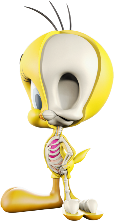 Tweety Bird骨骼顯現 壁紙 — 一隻3D渲染的卡通鳥，黃色身體，內部器官暴露在黑色背景上。