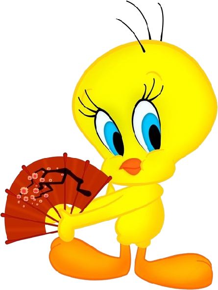 Tweety Bird持扇圖 壁紙 — 一隻快樂的黃色卡通鳥拿著一把帶有櫻花和黑色筆觸設計的紅色扇子。