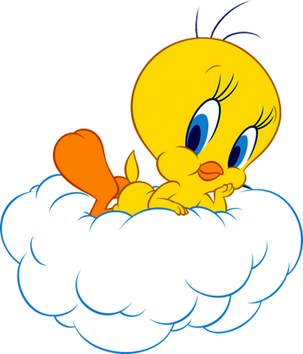 Tweety Bird 坐在雲朵上插畫 壁紙 — 一隻藍眼睛的卡通黃鳥在純白色背景上嘅 fluffy 白色雲上休息。