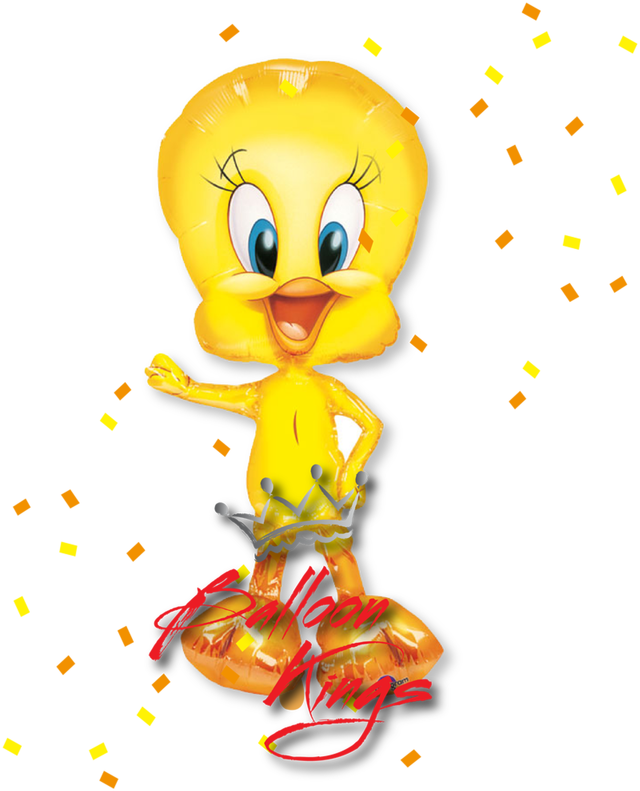 Tweety 氣球王姿勢 壁紙 — 一隻快樂的黃色Tweety Bird氣球角色在黑色背景上，伴隨著飄落的金色紙屑跳舞。