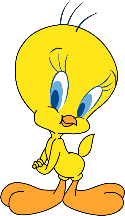 Tweety 鳥站立姿勢 壁紙 — 一隻鮮黃色的卡通鳥，有著大大的藍色眼睛和橙色的腳，自信地站在黑色背景前。