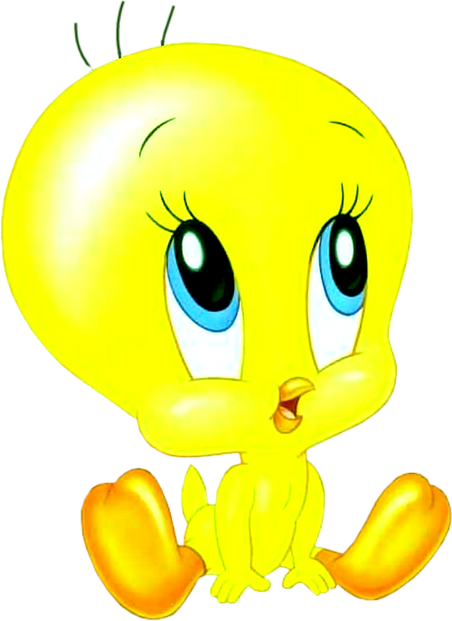 可愛黃色卡通鳥Tweety 壁紙 — 一隻明亮的黃色卡通鳥，有大大的藍色眼睛，可愛地坐在白色背景上。