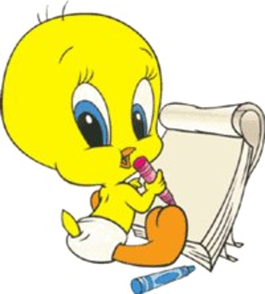 Tweety 鳥在紙上繪畫 壁紙 — 一隻快樂的黃色卡通小鳥，藍色眼睛，用粉紅色蠟筆在紙上畫畫。