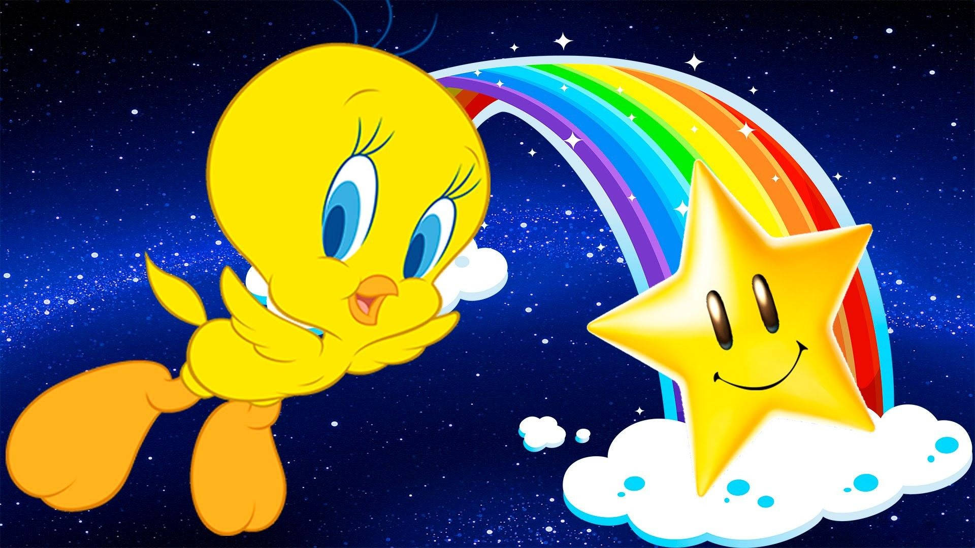 卡通鳥和微笑的星星與彩虹在星空