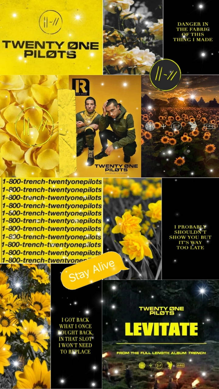 Twenty One Pilots 黃色主題 Picsart 壁紙 — Twenty One Pilots 專輯《Trench》的鮮豔黃色向日葵和樂隊圖像拼貼，帶有粗體文字和星空場景。