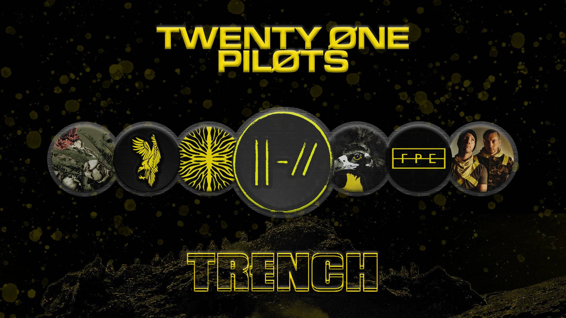Twenty One Pilots 的《Trench》專輯封面，帶有圓形圖標和粗體黃色文字。