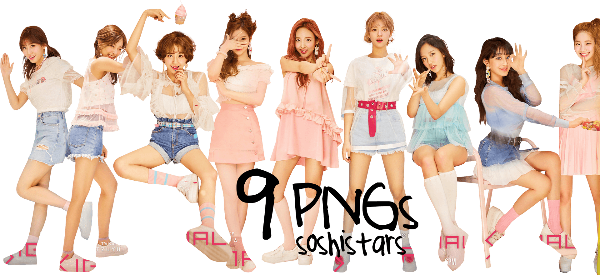 Twice 成員穿柔和色系服裝 壁紙 — 九位穿著粉彩服裝的開朗年輕女性在黑色背景前擺出俏皮的姿勢。