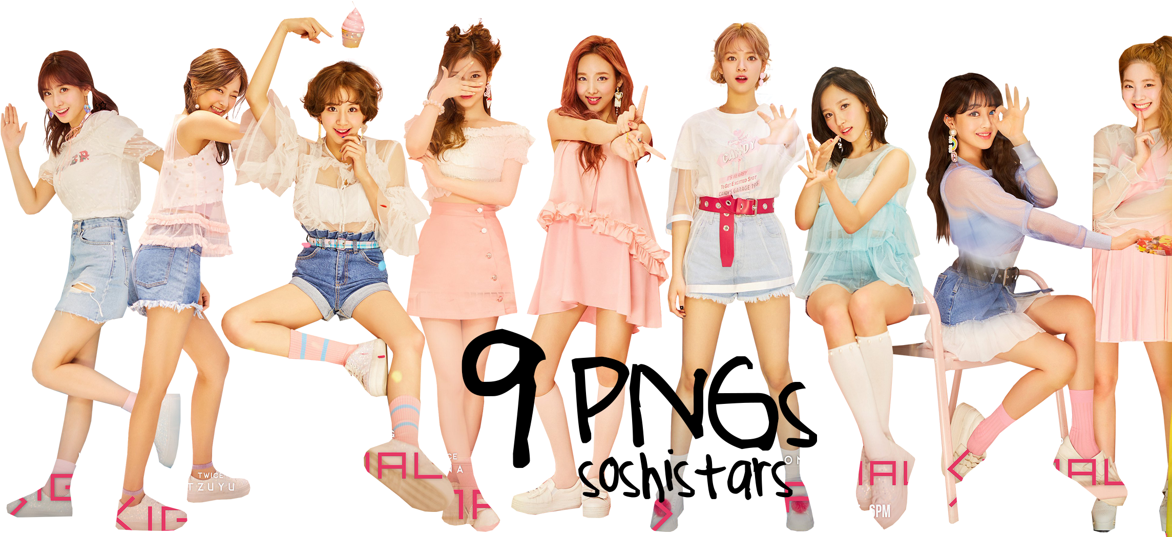 Twice 成員穿柔和色系服裝 壁紙 — 九位穿著粉彩服裝的開朗年輕女性在黑色背景前擺出俏皮的姿勢。