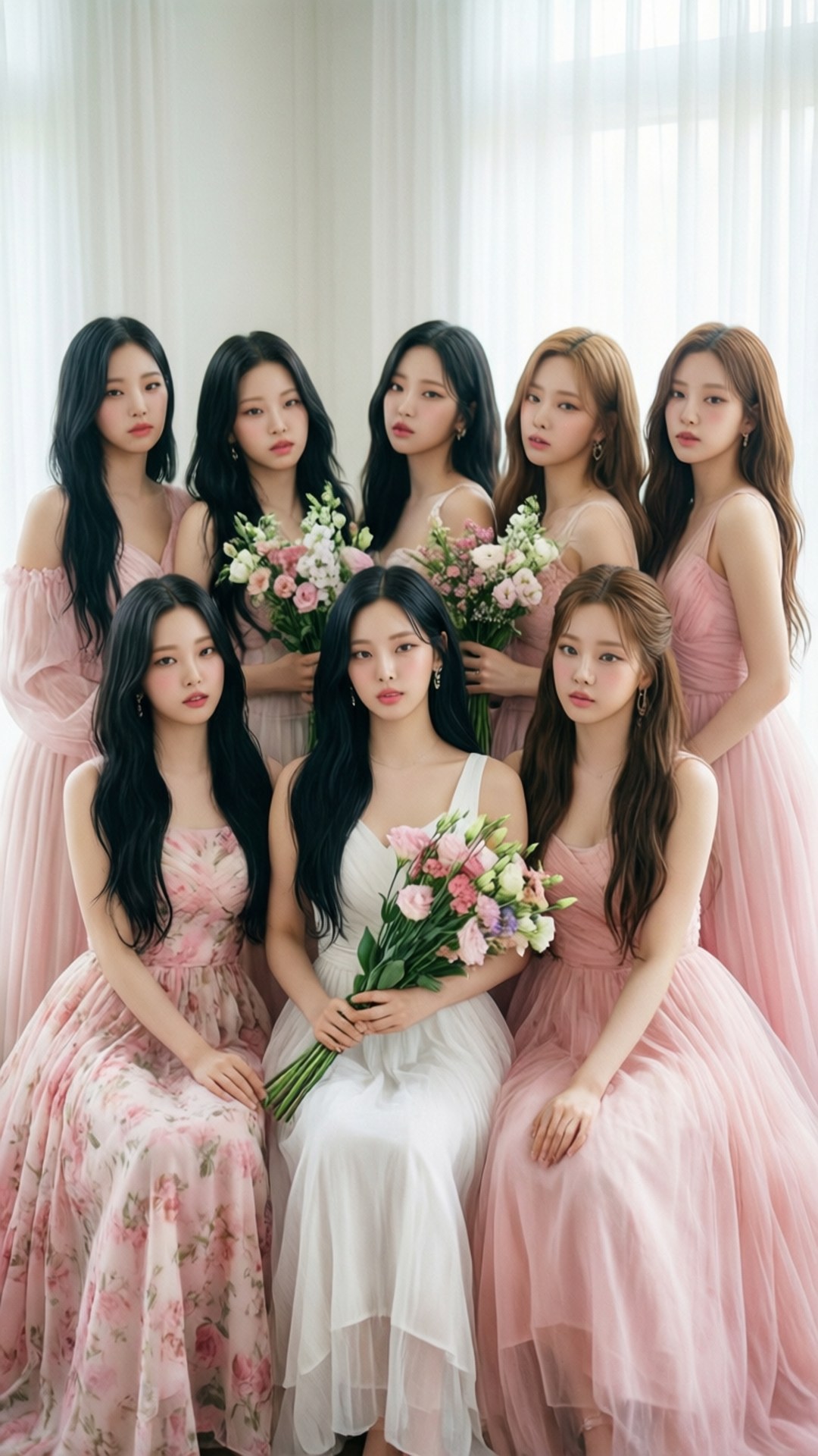 TWICE 花漾綻放 壁紙 — 七位身穿柔和粉紅與白色花卉長裙的女性，在室內優雅地擺姿勢，手持粉彩花束，靠近薄紗窗簾。