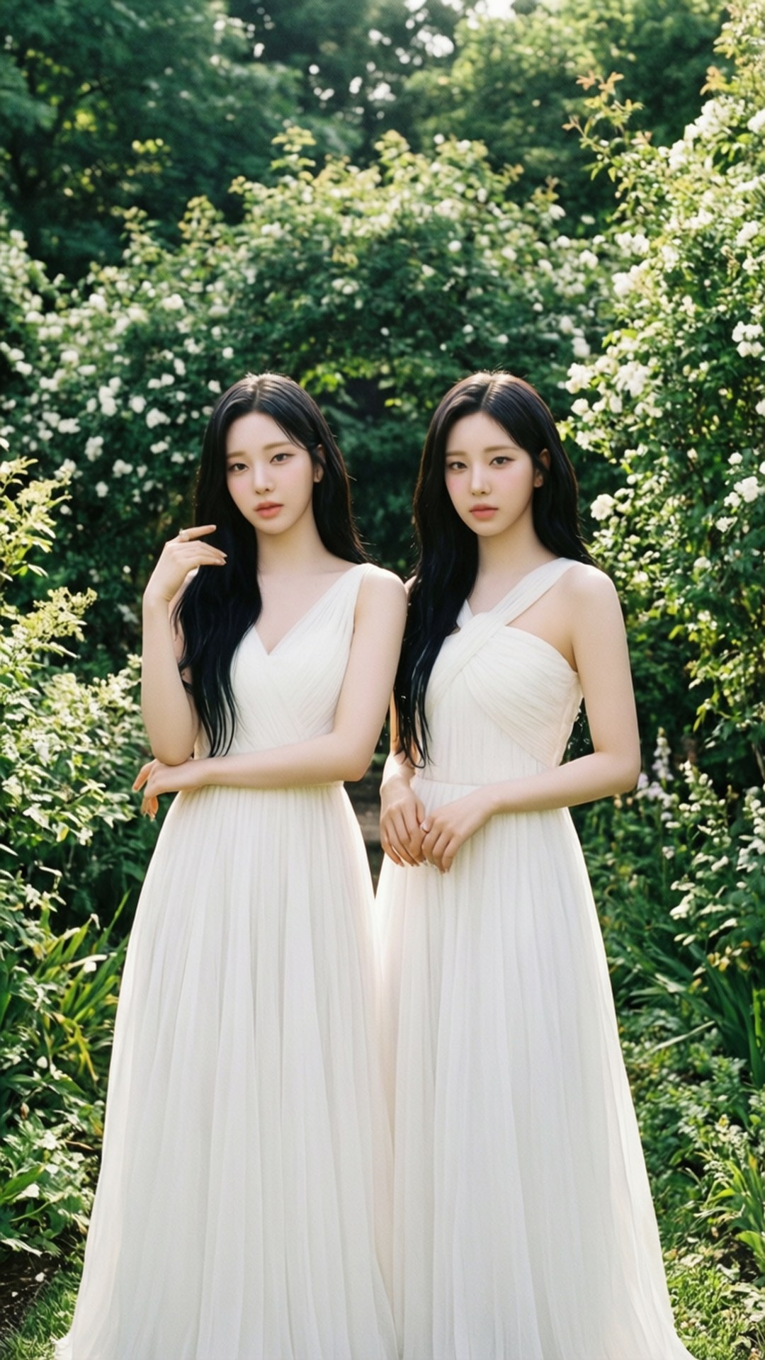 優雅花園中的TWICE 壁紙 — 兩位身穿飄逸白色連衣裙的女性，在柔和自然光下，優雅地站在鬱鬱蔥蔥的綠植和盛開的白花之中。