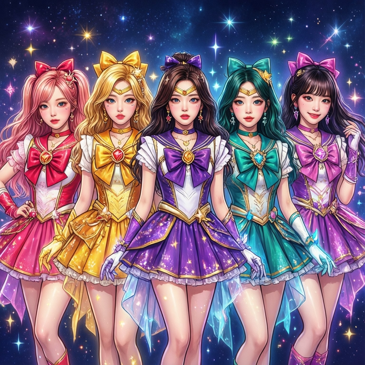 TWICE變身魔法少女 壁紙 — 五位動漫風格的魔法少女穿著色彩繽紛的水手服，自信地站在閃爍的星空夜空前。