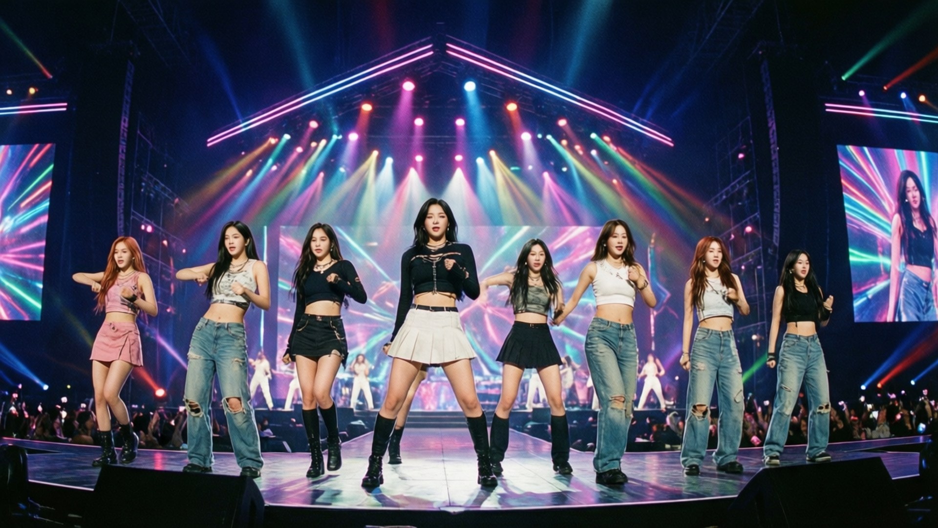 霓虹舞台上的熱情 TWICE 壁紙 — 七位身穿露臍上衣和破洞牛仔褲的女表演者在充滿活力的霓虹舞台燈光下擺出同步的舞蹈姿勢。