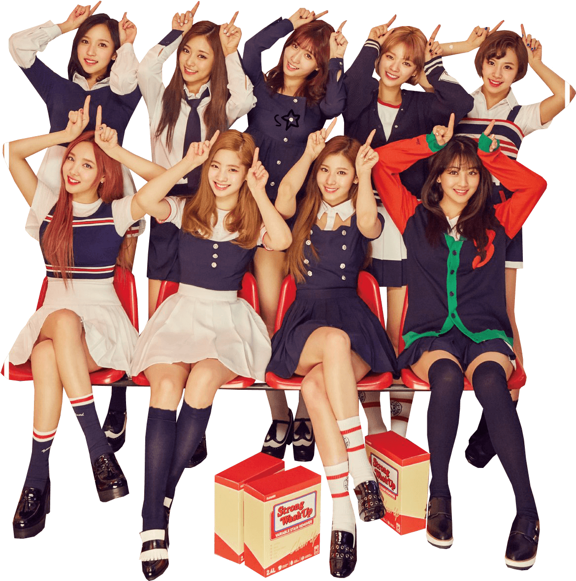 TWICE K-pop團體校服概念照 壁紙 — 九位微笑的年輕女性穿著協調的水手風格服裝，在黑色背景前的紅色椅子上愉快地擺姿勢。