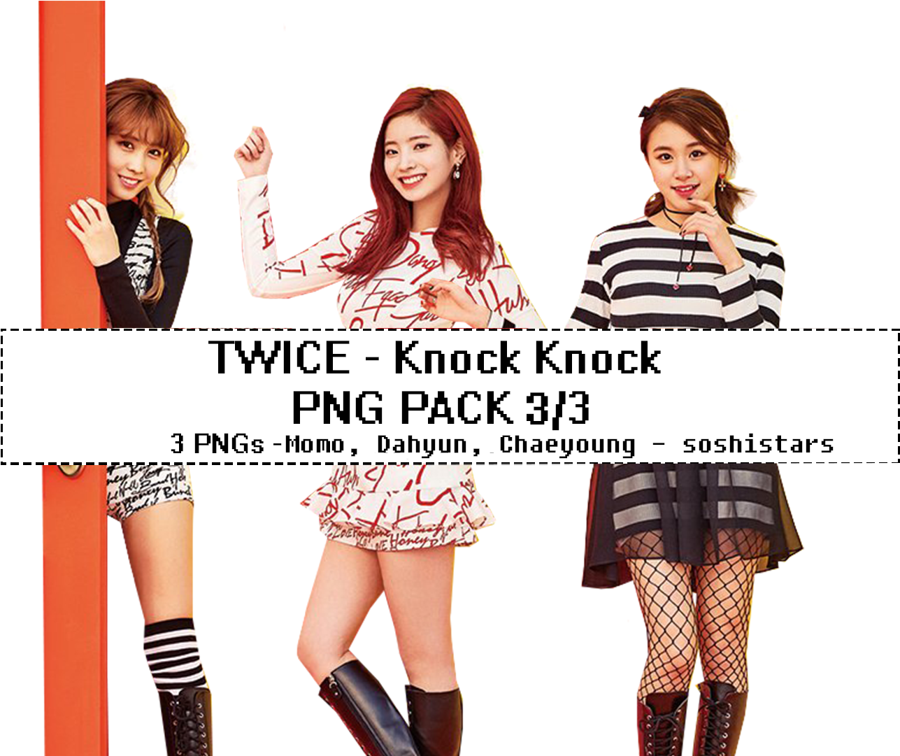 TWICE《Knock Knock》PNG套圖 壁紙 — 三位微笑的K-pop偶像在黑色背景和橙色柱子前擺出俏皮的姿勢，穿著時尚的服裝和靴子。
