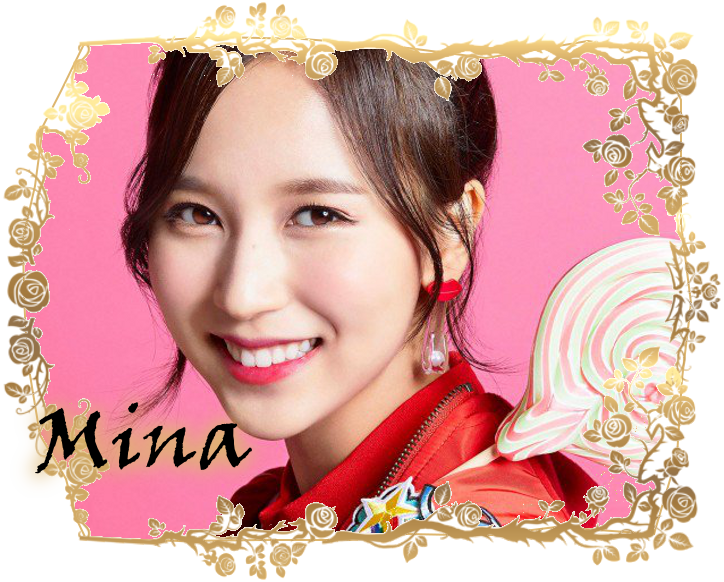 Twice Mina 花紋相框 壁紙 — 一位開朗的年輕女子面帶燦爛笑容，身穿紅色外套，背景是鮮豔的粉紅色，並以金色花卉裝飾框住。