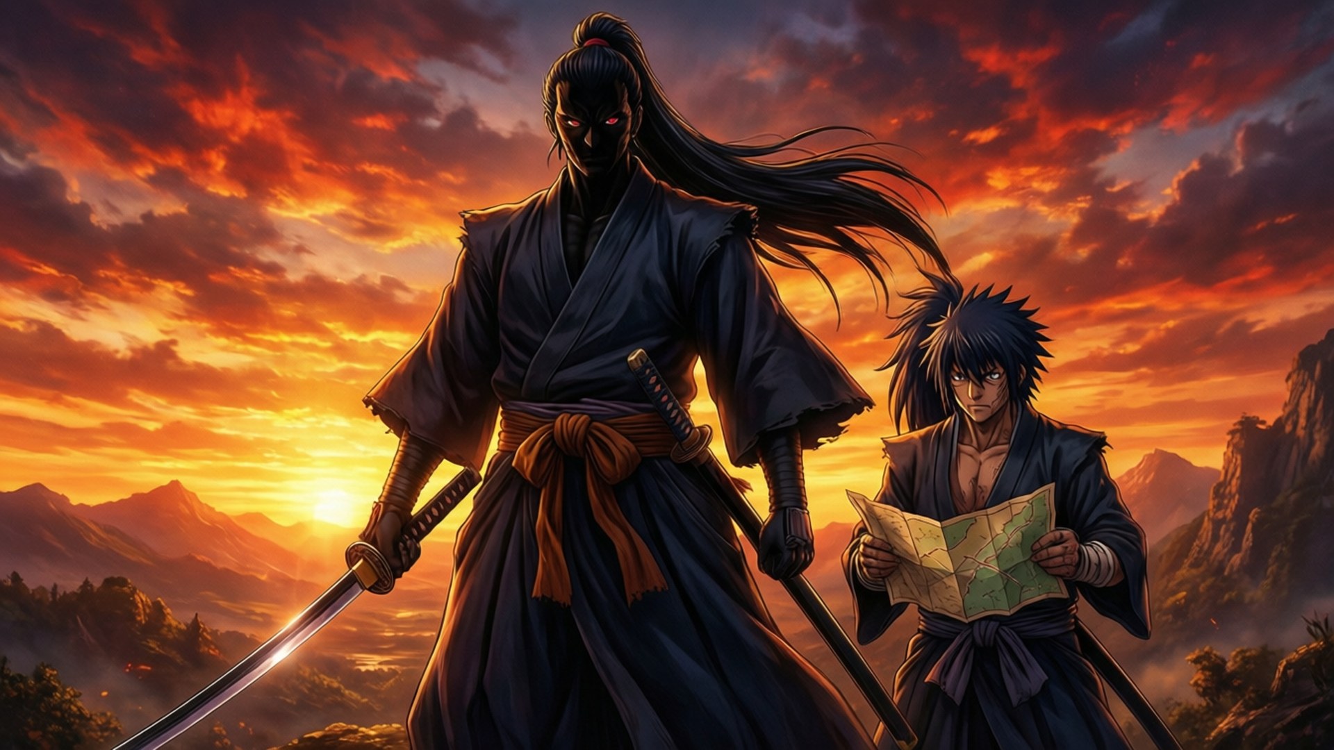 兩名武士戰士在夕陽下的山上，一人持劍，一人持地圖