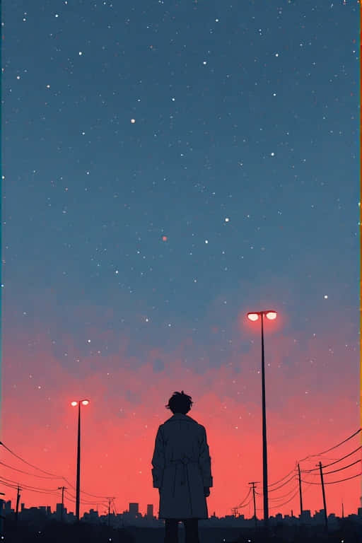 一個穿著外套的人站在暮色中的街燈下，天空中有星星的剪影