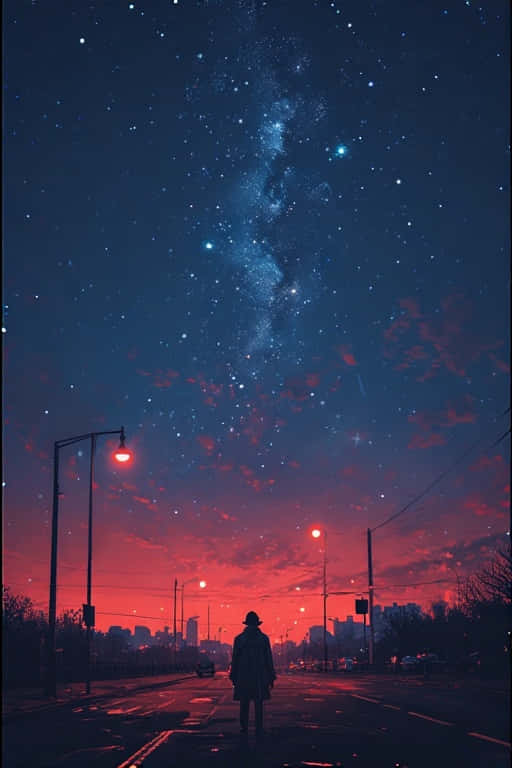 一個戴帽子的人獨自站在街道上，天空是佈滿星星的紅色和藍色，城市燈光閃爍。