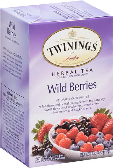 Twinings野生莓果草本茶盒 壁紙 — 一個充滿活力的紫色Twinings花草茶盒，碗裡裝滿了新鮮的野生漿果，包括草莓、覆盆子、藍莓和黑加侖子。
