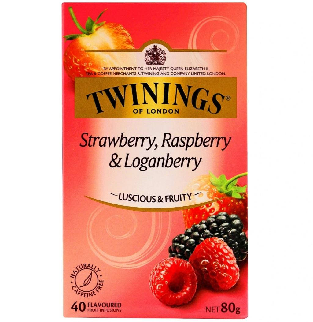 Twinings Of London 草莓覆盆子洛根莓 正面視圖 壁紙 — 一個充滿活力的粉紅色Twinings茶盒，上面有新鮮的草莓、覆盆子和黑莓，配以粗體文字和漩渦設計。