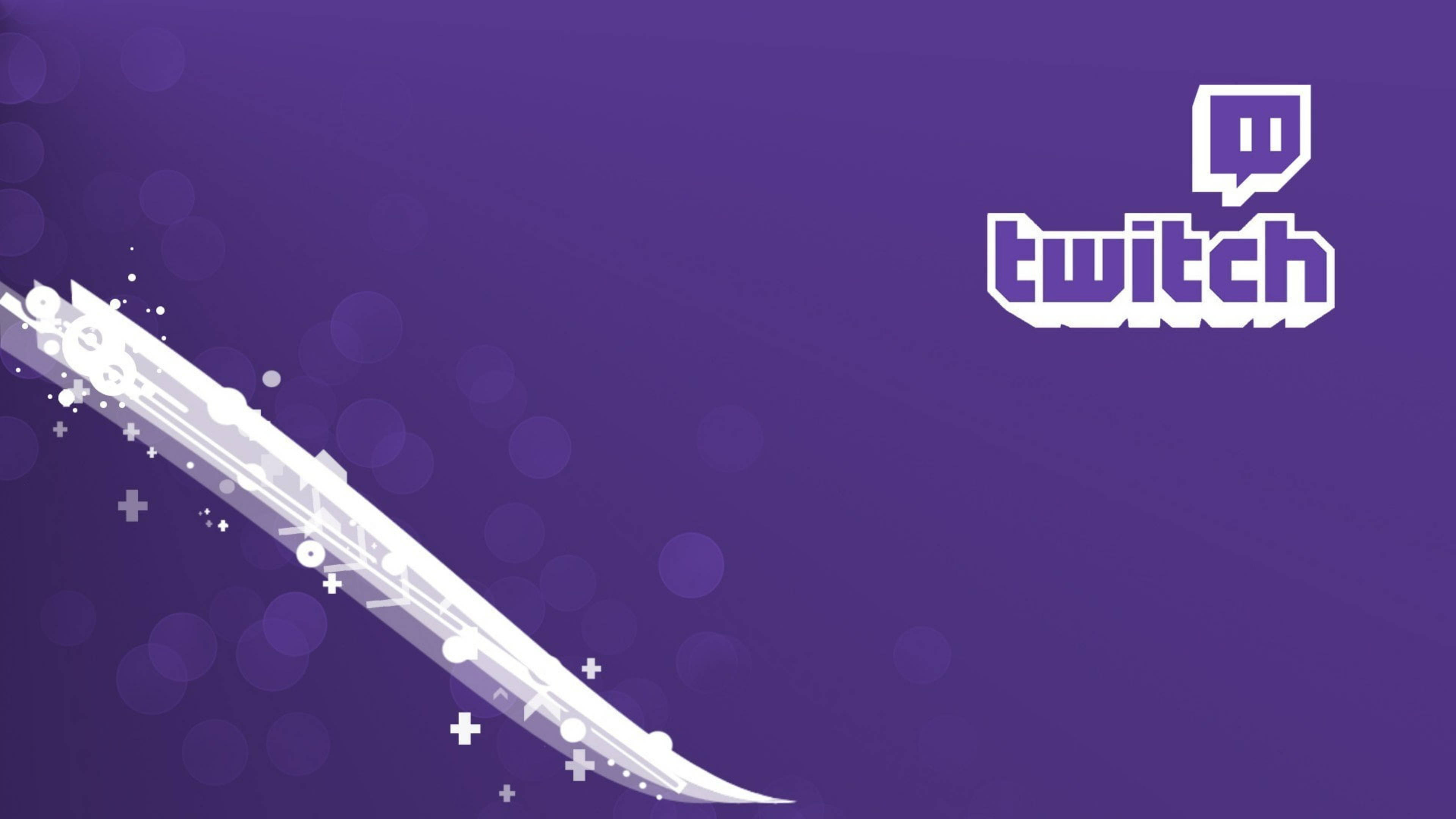Twitch 3D 立體標誌 壁紙 — 一個時尚的白色數位串流圖形對角線延伸在帶有散景效果和角落Twitch標誌的漸變紫色背景上。