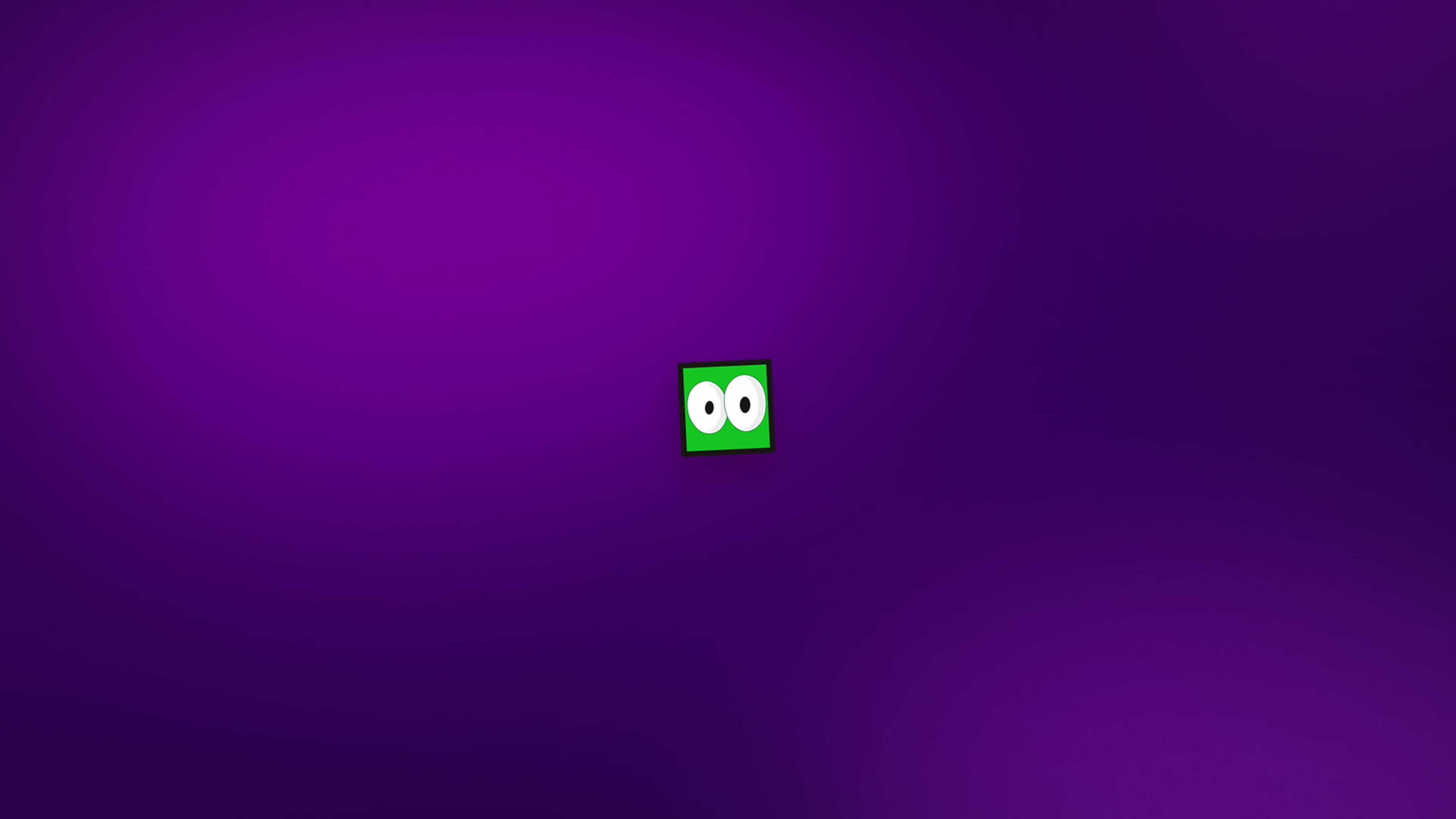 Twitch Greenbox 紫色背景 壁紙 — 一個帶有大白色眼睛的小綠色正方形，獨自漂浮在紫色漸變背景上。