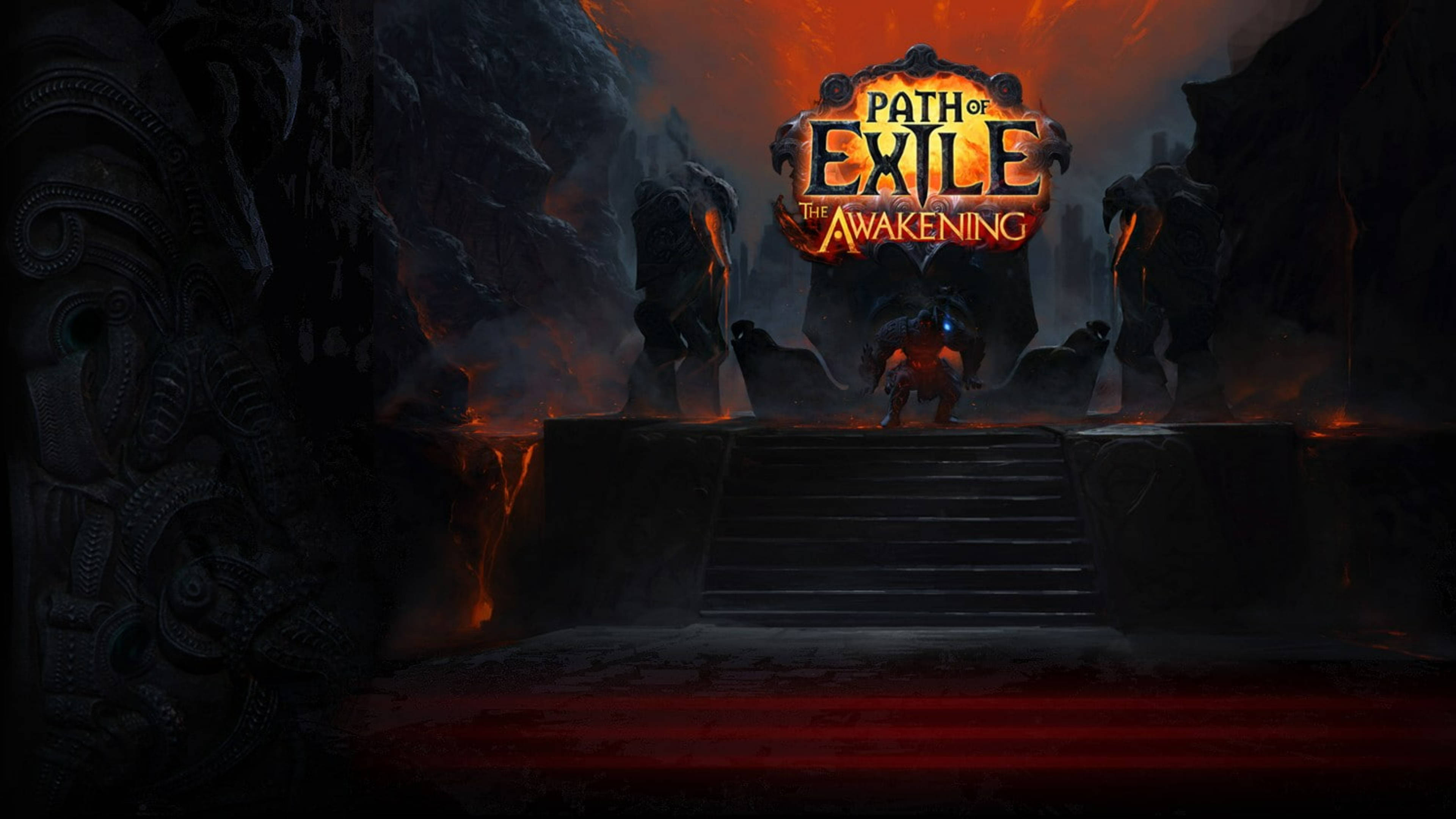 Twitch《Path of Exile》遊戲串流 壁紙 — 一個孤獨的戰士站在通往黑暗洞穴般地下城中一個熾熱發光標題的石階底部。