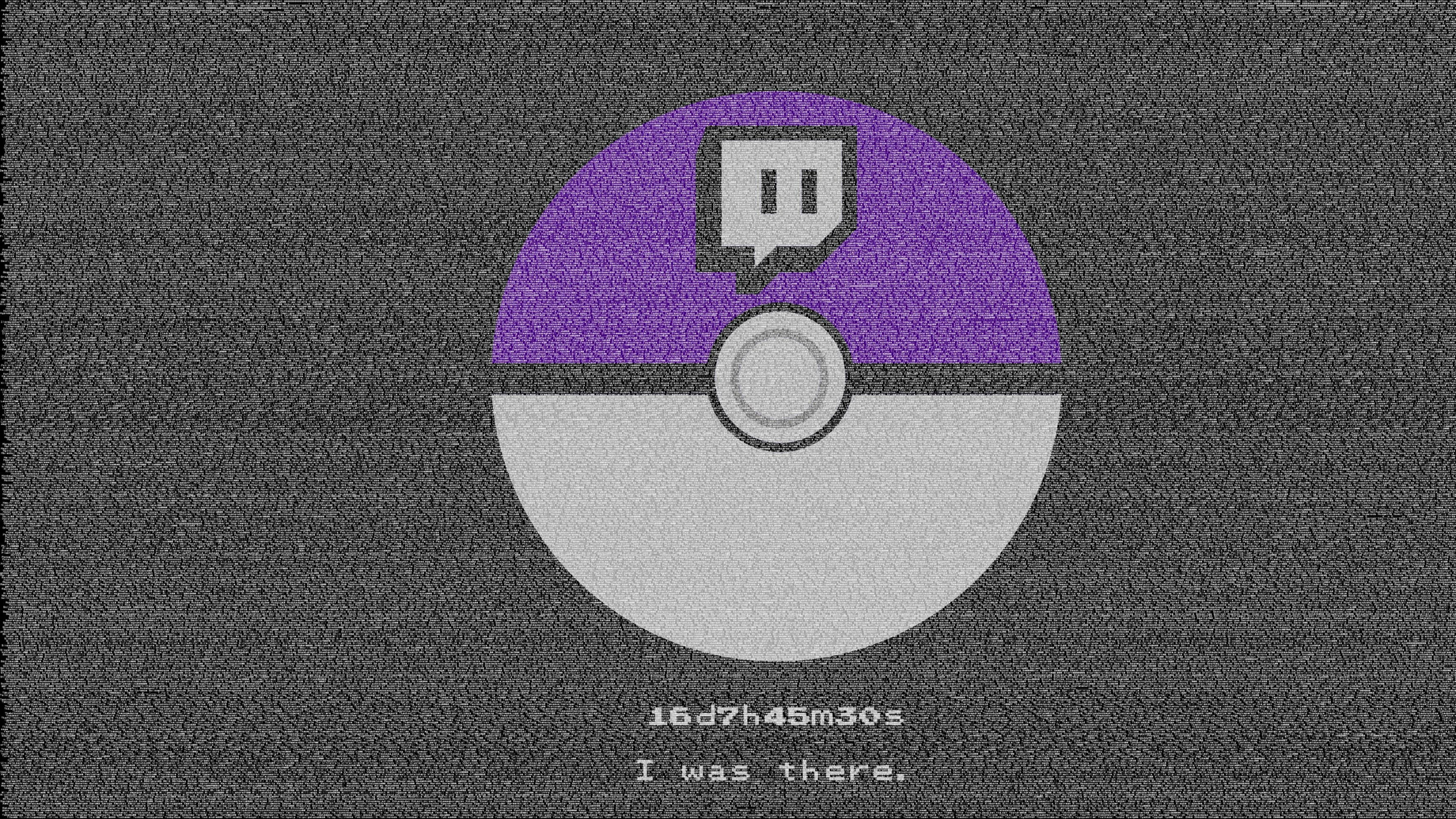 Twitch Plays Pokémon 封面藝術 壁紙 — 一個帶有Twitch標誌和計時器文字的故障紫色和白色精靈球，背景靜止。
