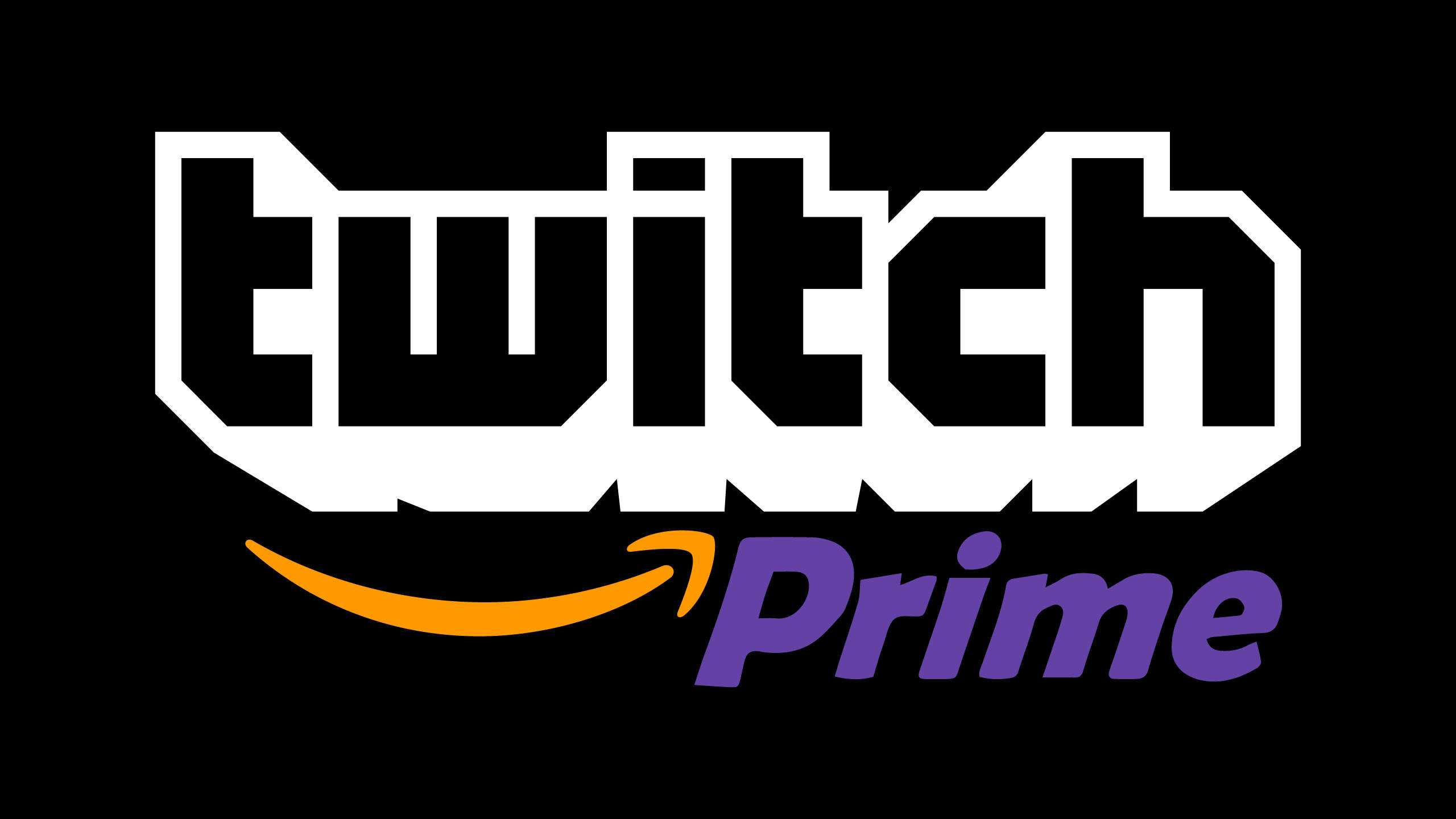 Twitch Prime 服務標誌 壁紙 — Twitch Prime 標誌，黑色背景上有粗體白色文字和橙色箭頭。
