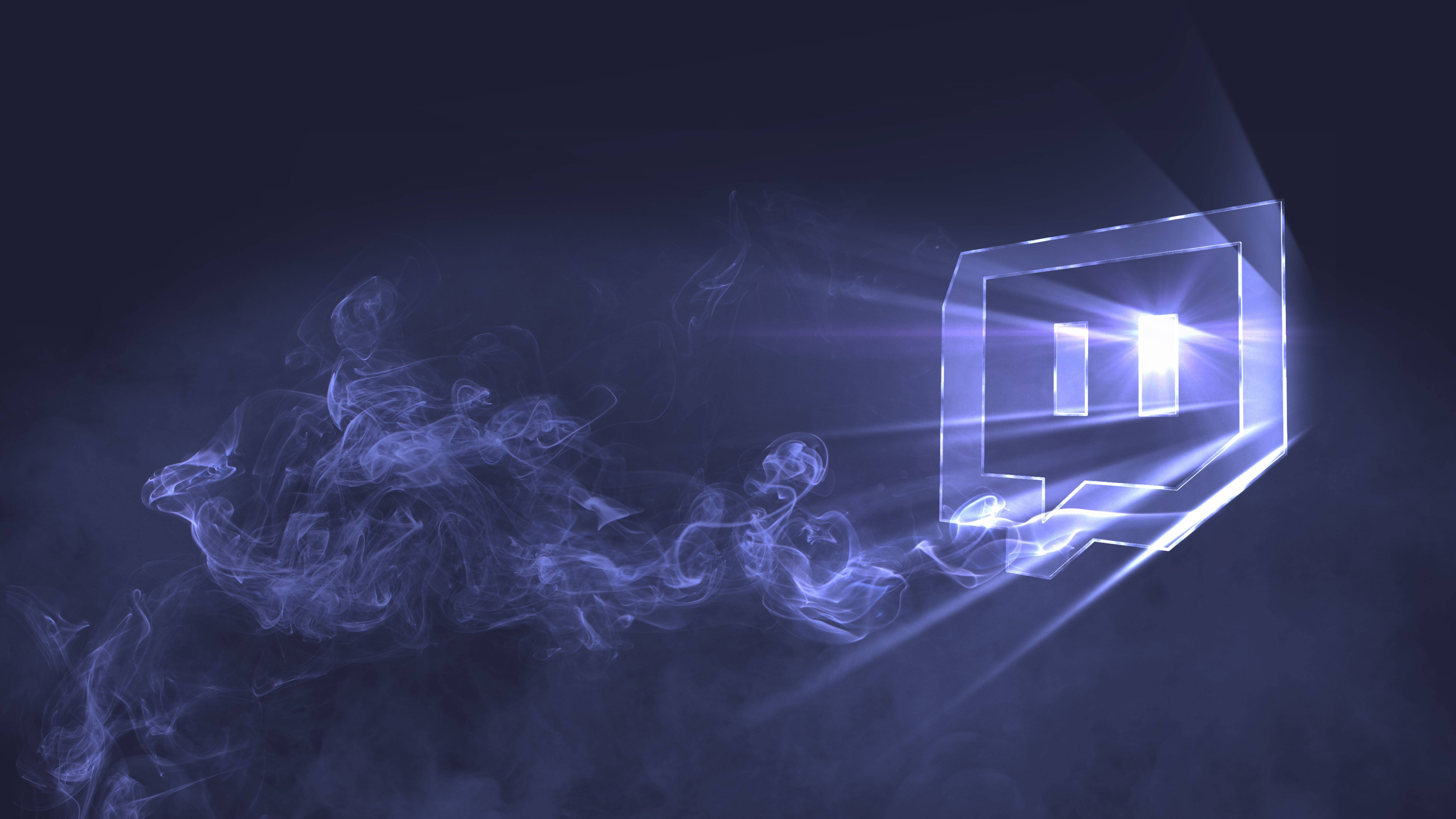 Twitch燈光與煙霧 壁紙 — 一個發光的藍色透明立方體在黑暗背景中散發出耀眼的光芒，周圍有旋轉的煙霧飄動。
