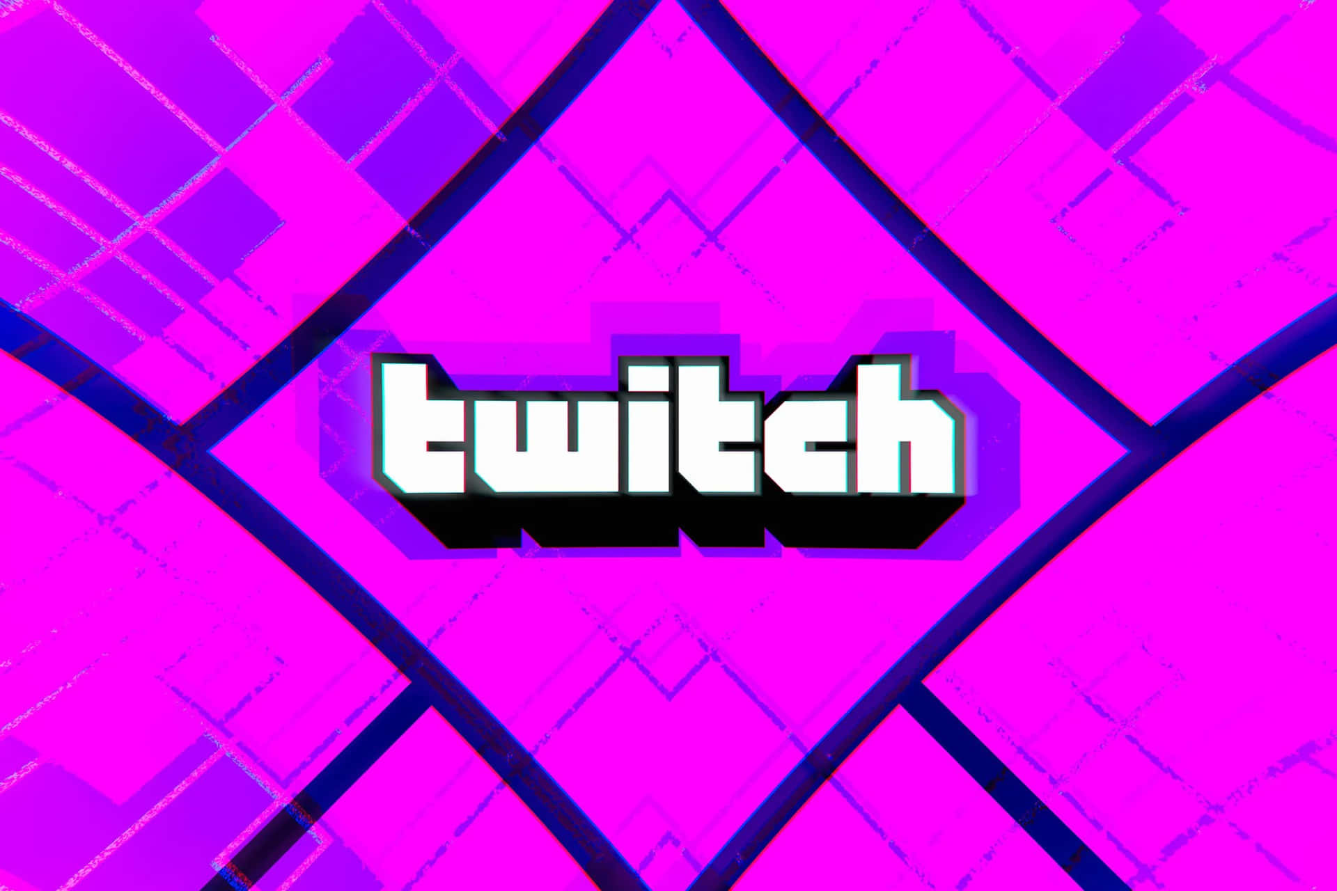 Twitch 標誌在粉紅色和紫色幾何背景上，帶有故障效果。