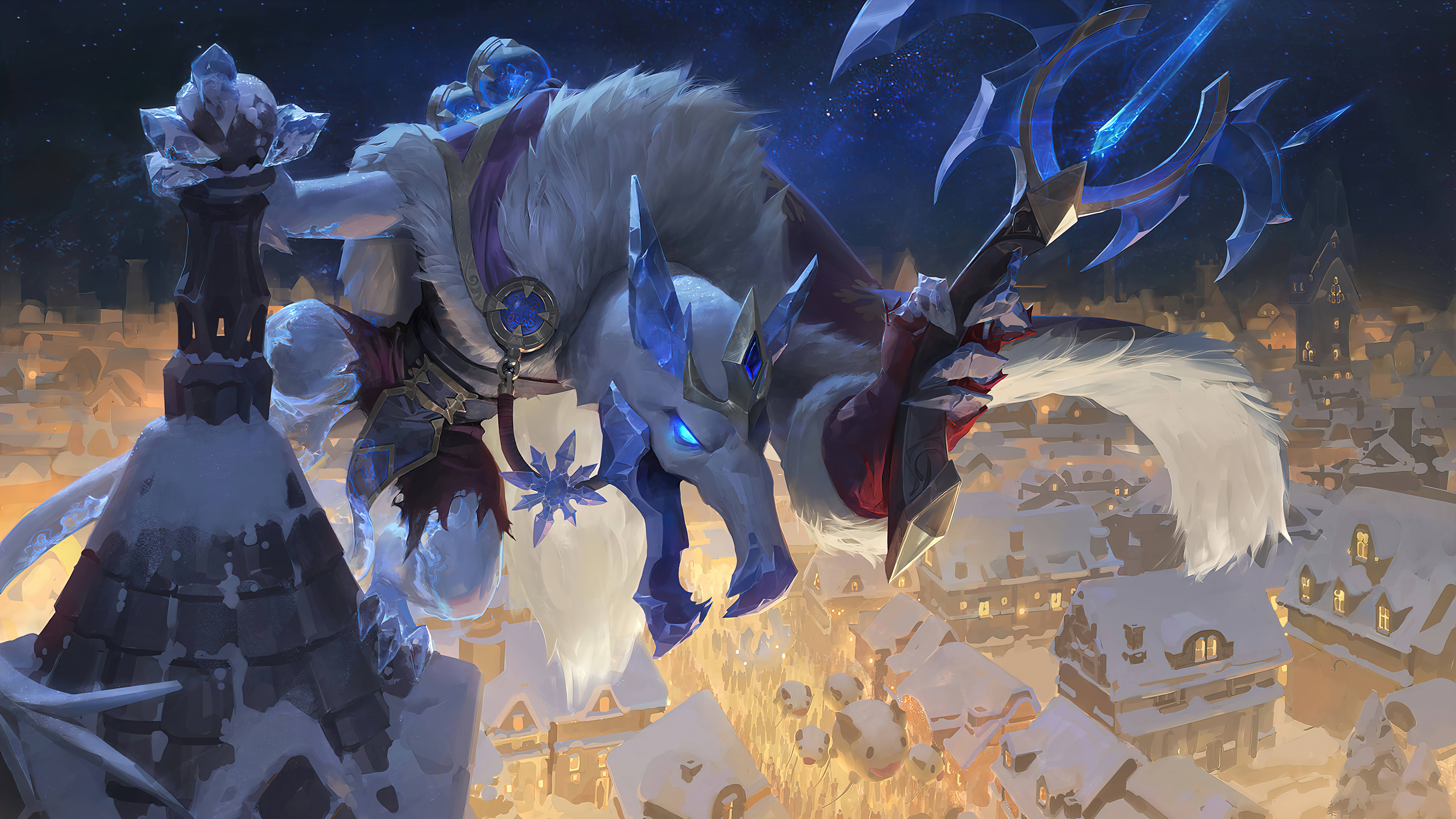 Twitch 冰王 Wild Rift 壁紙 — 一隻威嚴的藍毛狼戰士，擁有發光的眼睛和冰甲，在繁星點點的夜空下跳過一個被雪覆蓋的村莊。