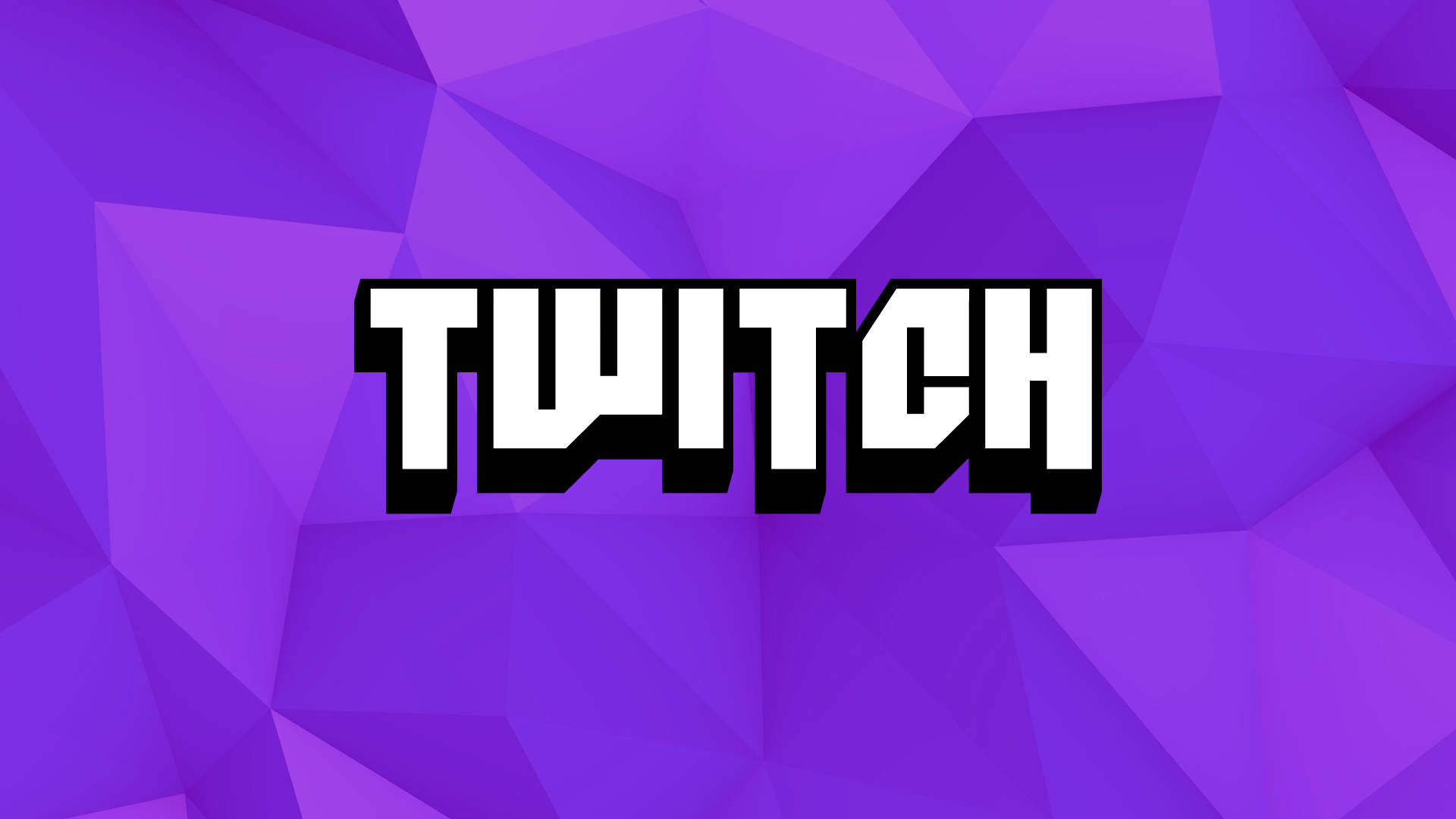 Twitch 几何紫色字體標誌 壁紙 — Twitch 標誌以粗體白色配黑色輪廓，在充滿活力的紫色幾何多邊形背景上脫穎而出。