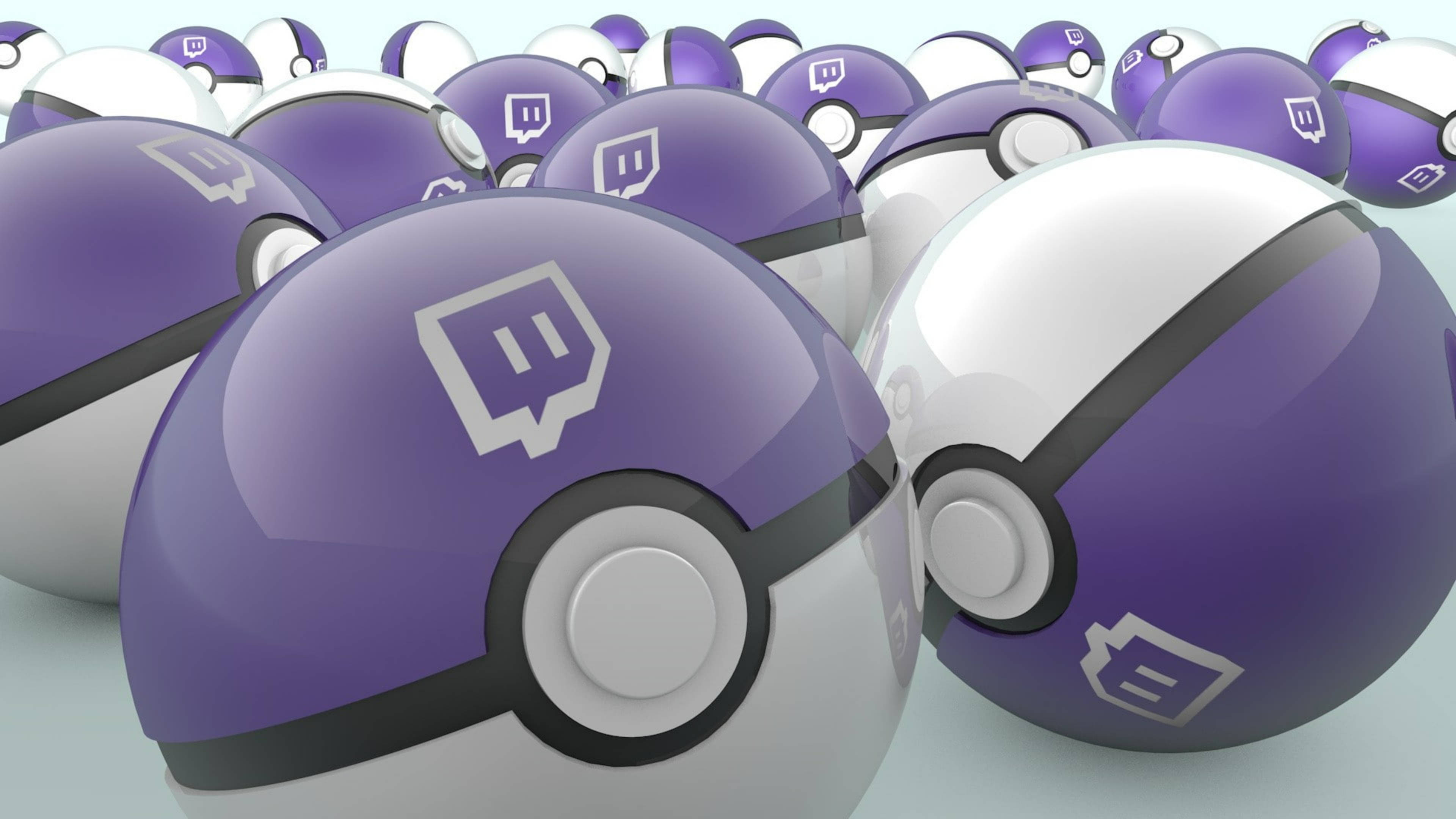 Twitch 圖標置於寶可夢球中 壁紙 — 一組光澤的紫色和白色精靈球，每個都帶有Twitch標誌，以淺景深排列。