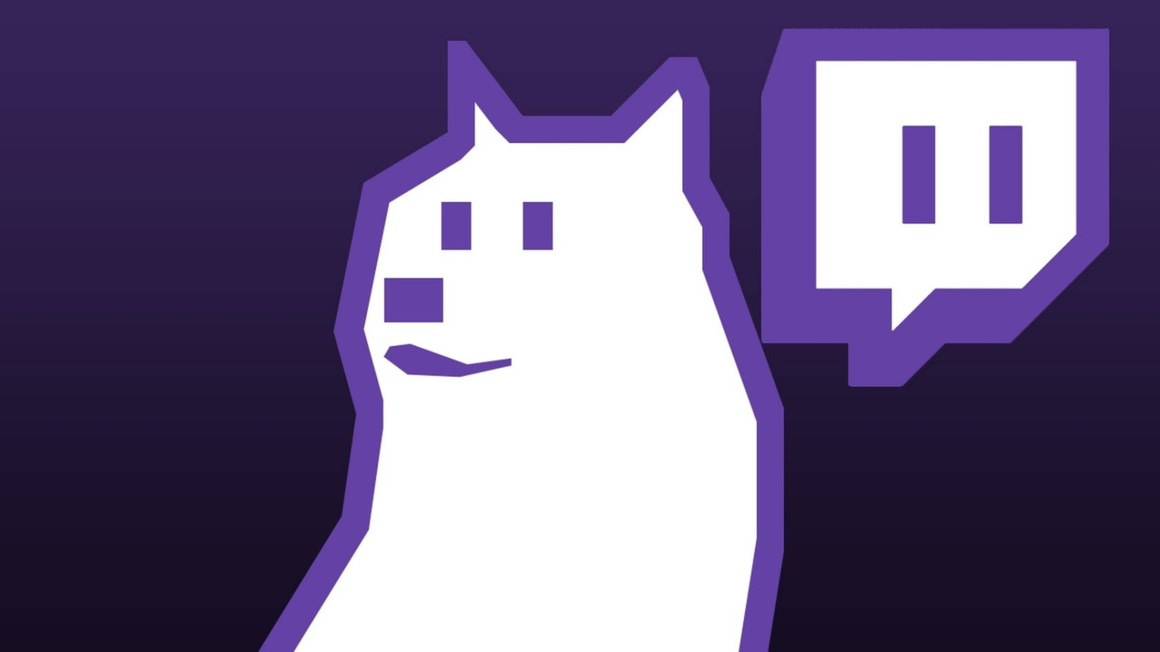 Twitch 標誌頭像圖示 壁紙 — 一個極簡風格的白色狗標誌，帶有紫色輪廓，旁邊是一個紫色的 Twitch 對話氣泡，背景為深紫色漸變。