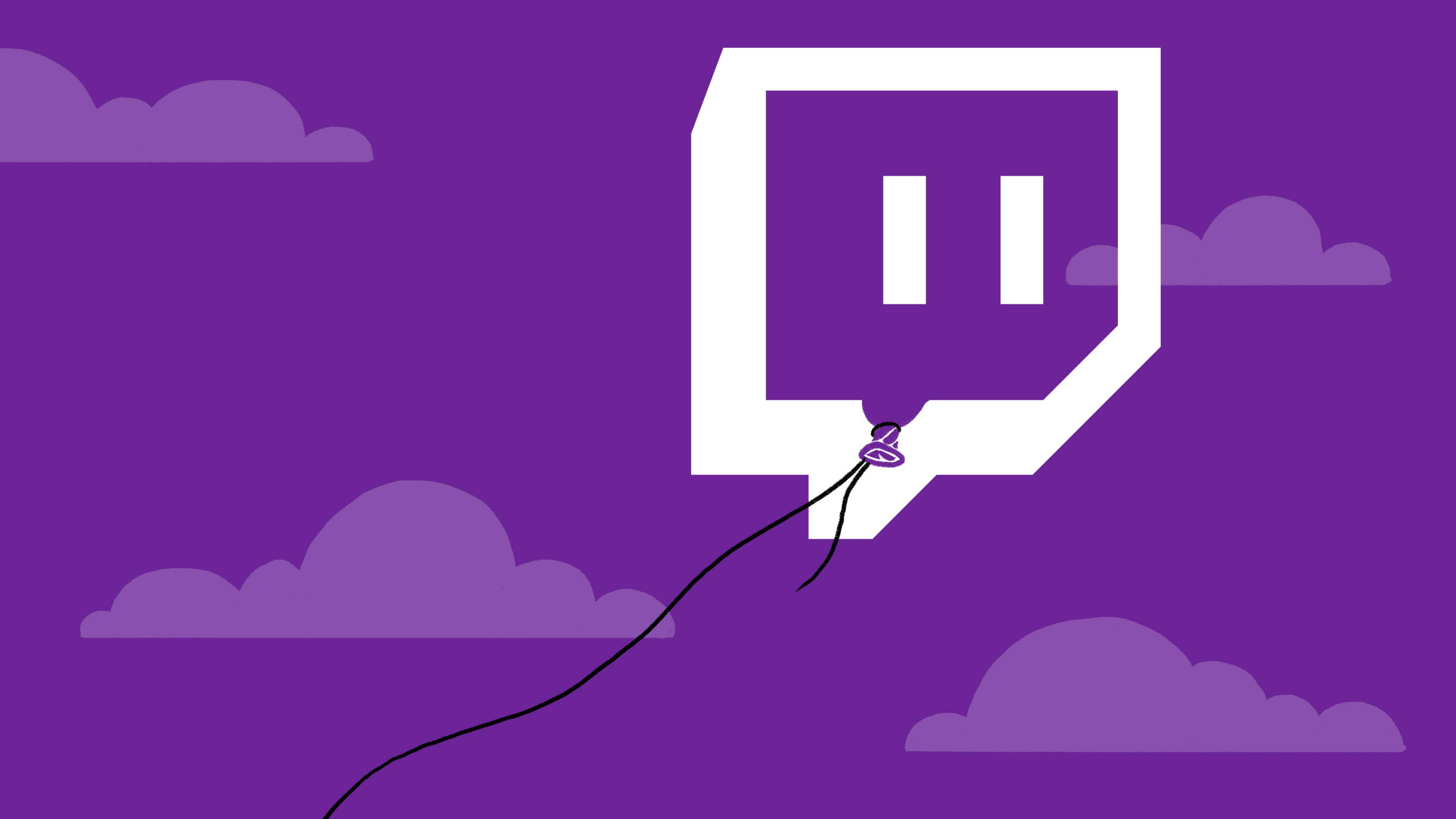 Twitch 氣球標誌藝術 壁紙 — 一個白色Twitch標誌氣球在帶有柔和雲朵的紫色天空中漂浮。