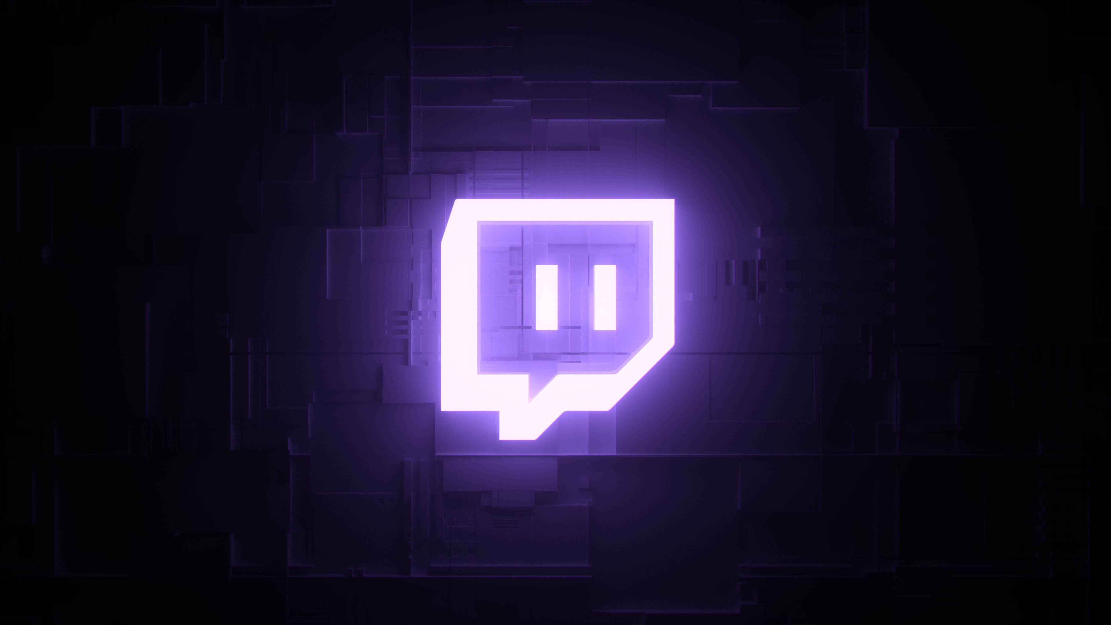 Twitch 發光圖標 壁紙 — 發光的紫色 Twitch 標誌在深色幾何數位背景上脈動。